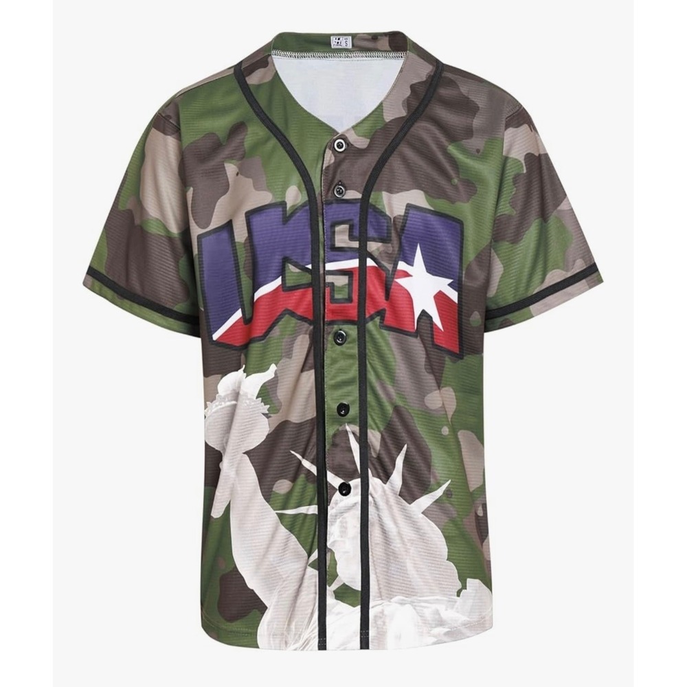 USA Camo Baseball Jersey Statue of Liberty America Full Button Short Sleeve